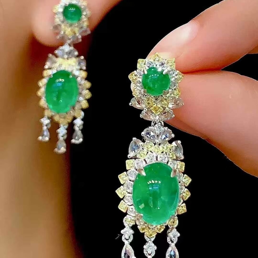 14k Gold 7 Ct Natural Emerald & Diamond Earrings - 6