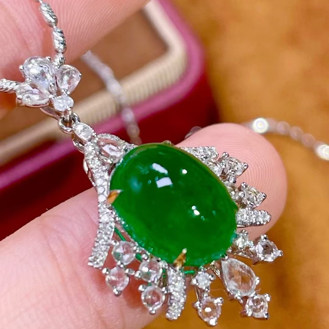 14k Gold 4.8 Ct Vivid Green Natural Emerald & Diamond & Sapphire Pendant( Without Chain ) - 2