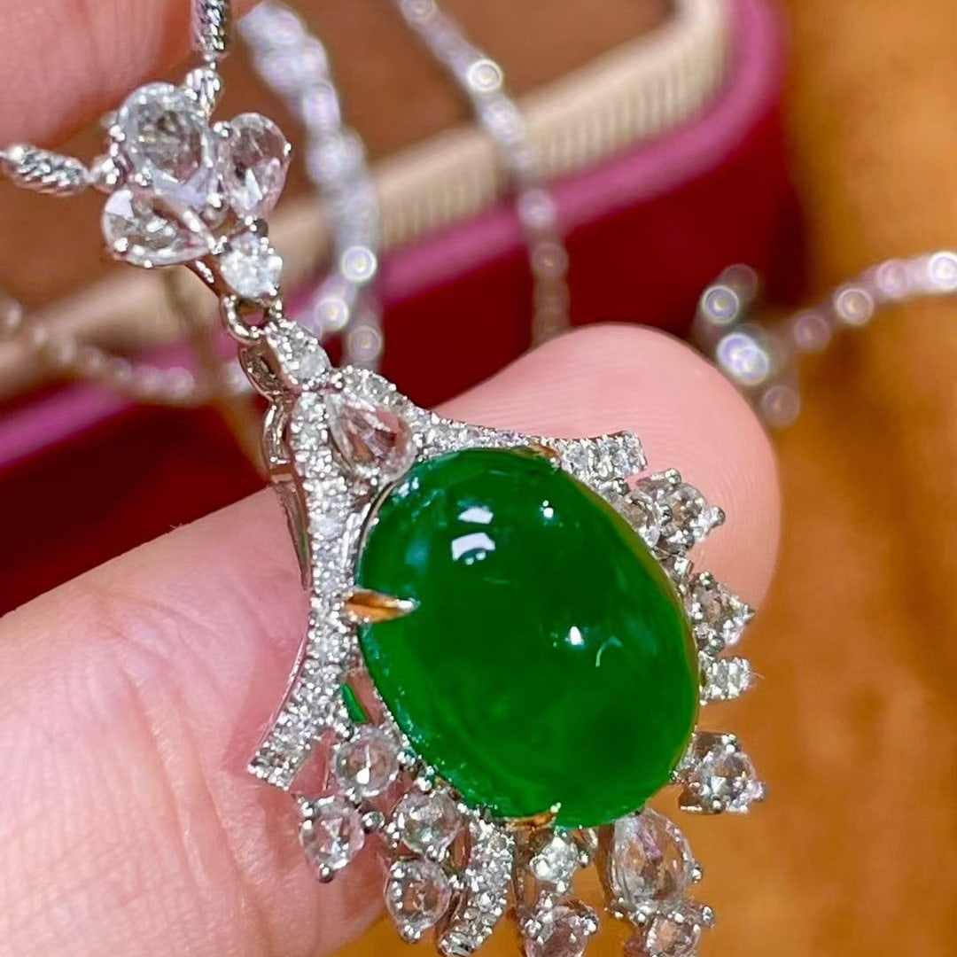 14k Gold 4.8 Ct Vivid Green Natural Emerald & Diamond & Sapphire Pendant( Without Chain ) - 3