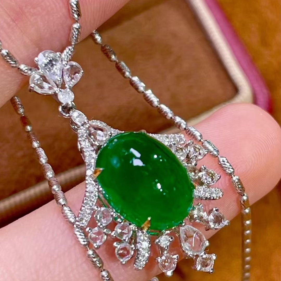 14k Gold 4.8 Ct Vivid Green Natural Emerald & Diamond & Sapphire Pendant( Without Chain ) - 4
