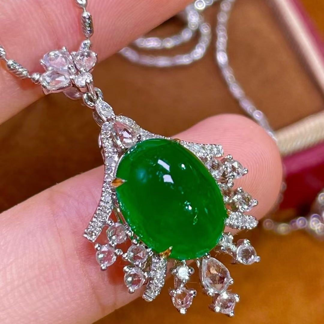 14k Gold 4.8 Ct Vivid Green Natural Emerald & Diamond & Sapphire Pendant( Without Chain ) - 6