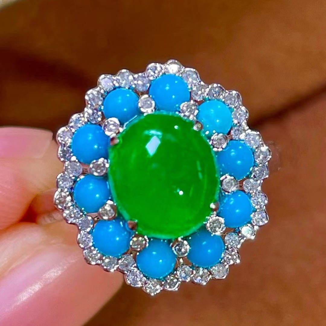 14k Gold 3.5 Ct Vivid Green Natural Emerald & Diamond & Turquoise Jewelry Set - 2