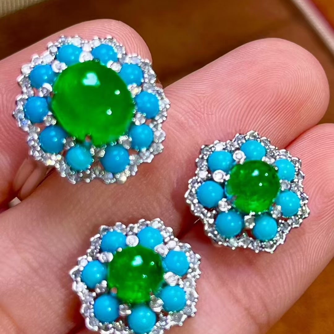 14k Gold 3.5 Ct Vivid Green Natural Emerald & Diamond & Turquoise Jewelry Set - 3