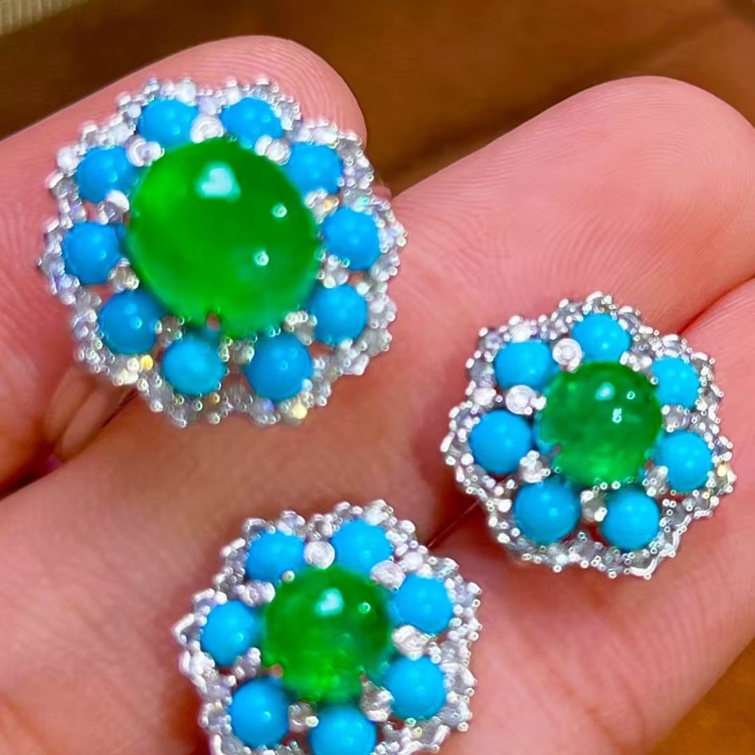 14k Gold 3.5 Ct Vivid Green Natural Emerald & Diamond & Turquoise Jewelry Set - 4