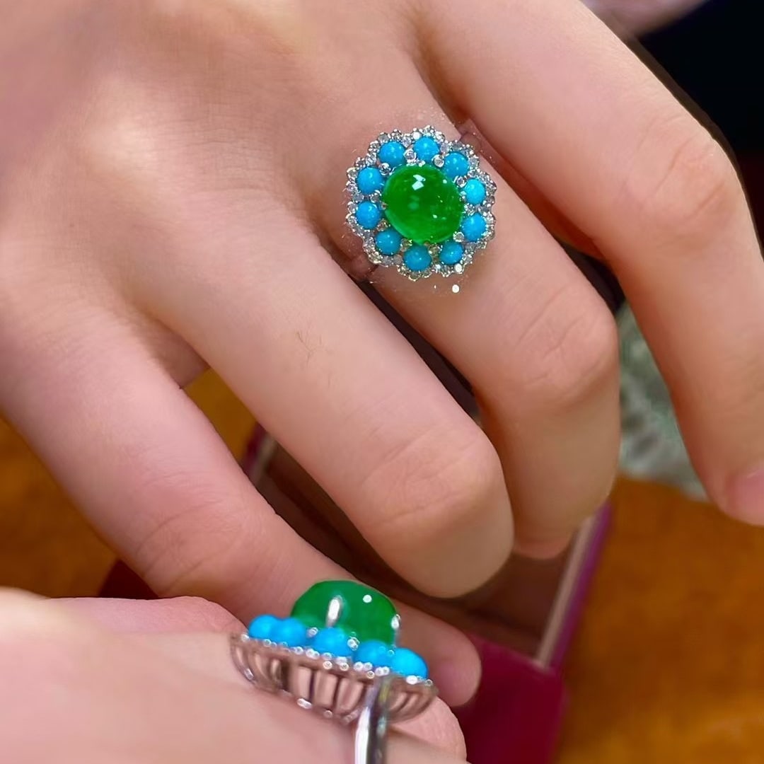 14k Gold 3.5 Ct Vivid Green Natural Emerald & Diamond & Turquoise Jewelry Set - 7