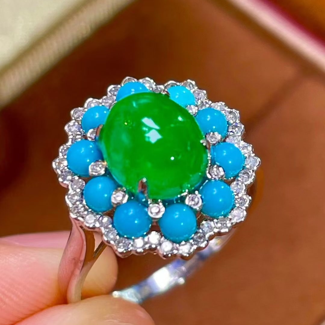 14k Gold 3.5 Ct Vivid Green Natural Emerald & Diamond & Turquoise Jewelry Set - 8