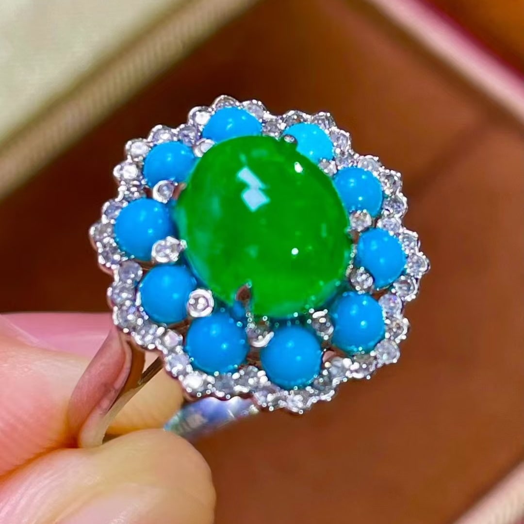 14k Gold 3.5 Ct Vivid Green Natural Emerald & Diamond & Turquoise Jewelry Set - 9