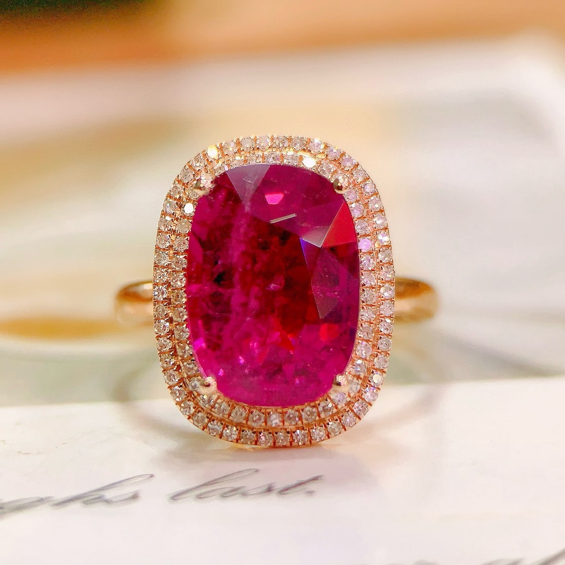 14k Gold 4.58 Ctw Natural Tourmaline & Diamond Ring: Ref:231063207 // gold content:14k gold // ring size:7. 25us // // main gemstone:tourmaline // shape:cushion // carat weight:4. 3ct // color:red // treatment:natural // // adjacent gemstone 2 :