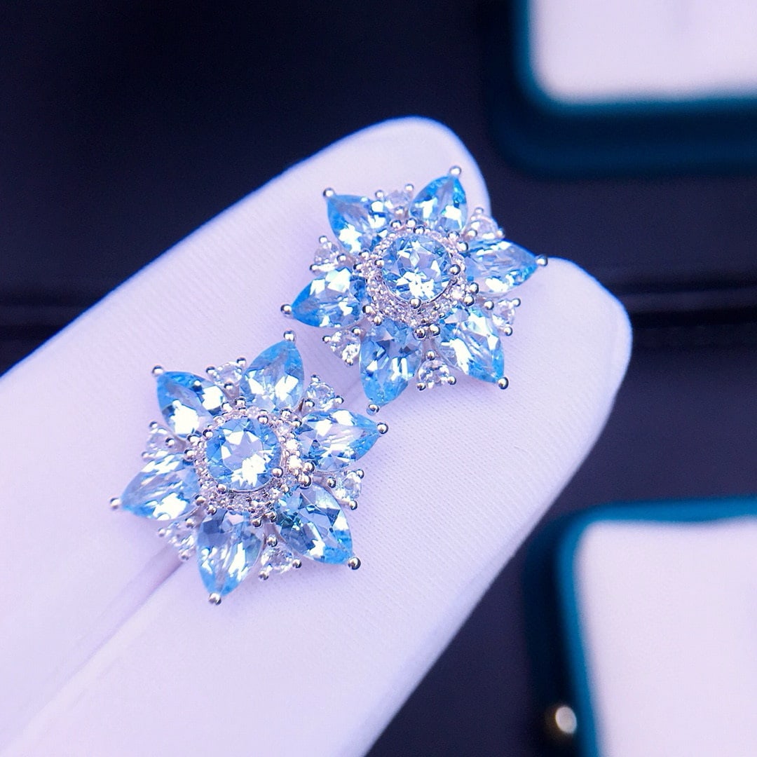 14k Gold 5.9 Ct Natural Aquamarine & Diamond Earrings - 3