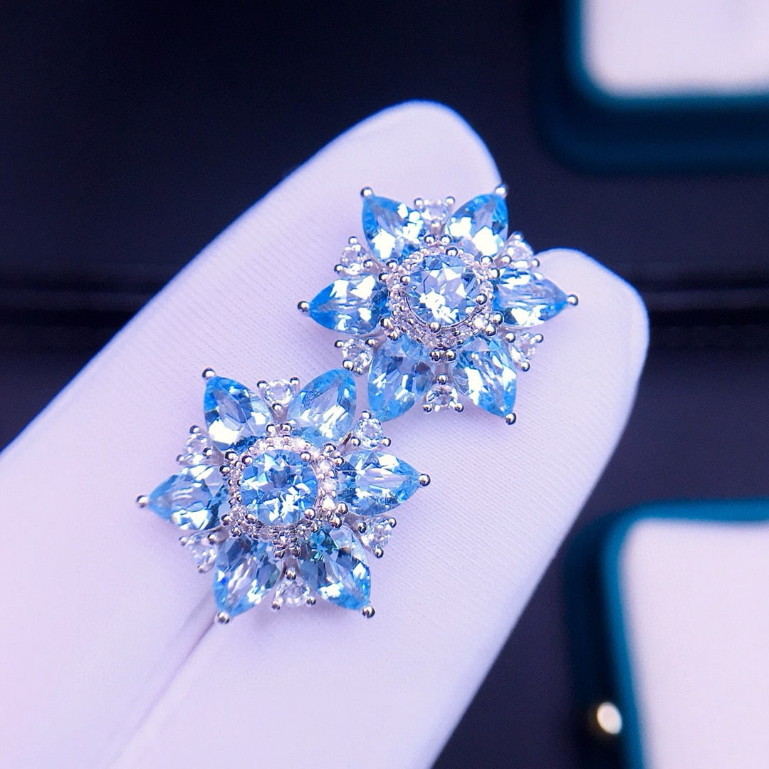 14k Gold 5.9 Ct Natural Aquamarine & Diamond Earrings - 6