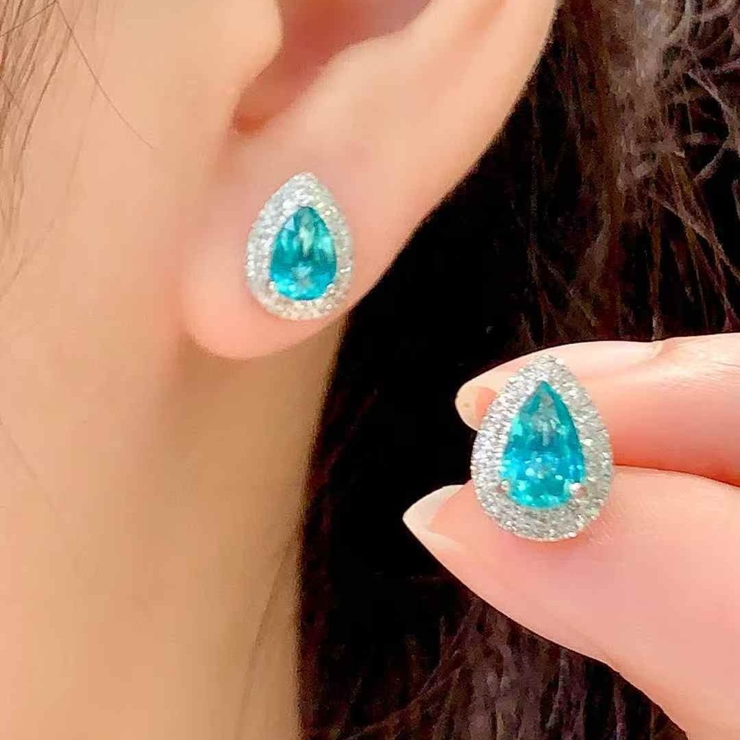 14k Gold 1.45 Ct Natural Paraiba Tourmaline & Diamond Earrings - 5