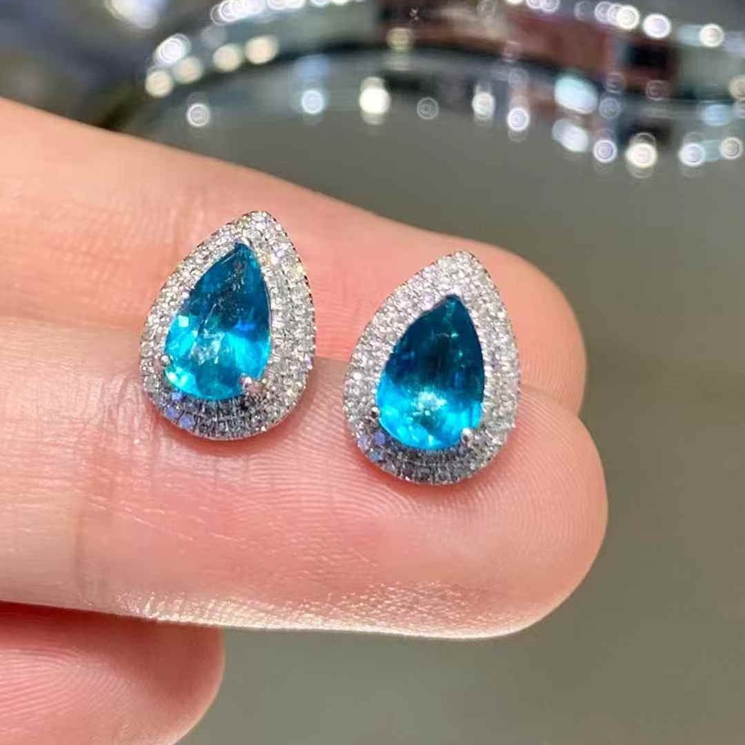 14k Gold 1.45 Ct Natural Paraiba Tourmaline & Diamond Earrings - 6