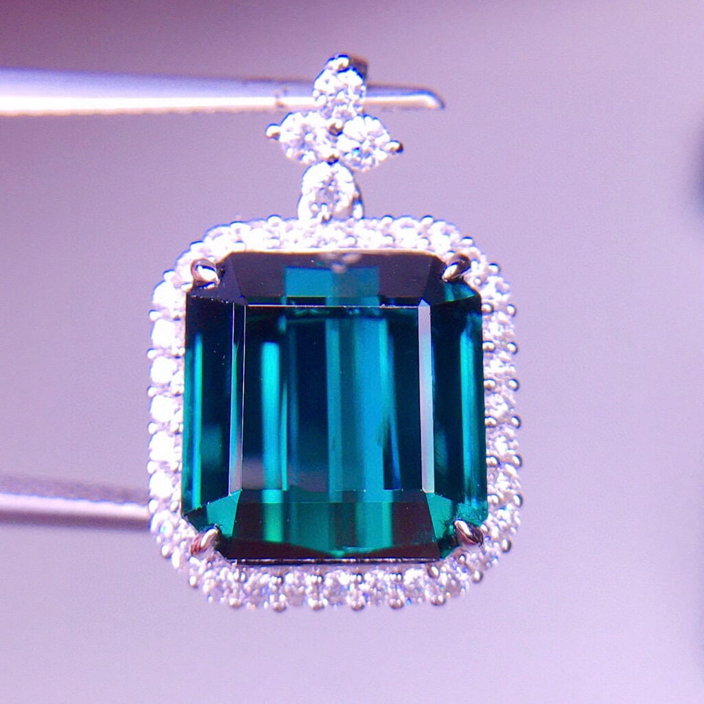 14k Gold 7.1 Ct Natural Tourmaline & Diamond Pendant( Without Chain ) - 2