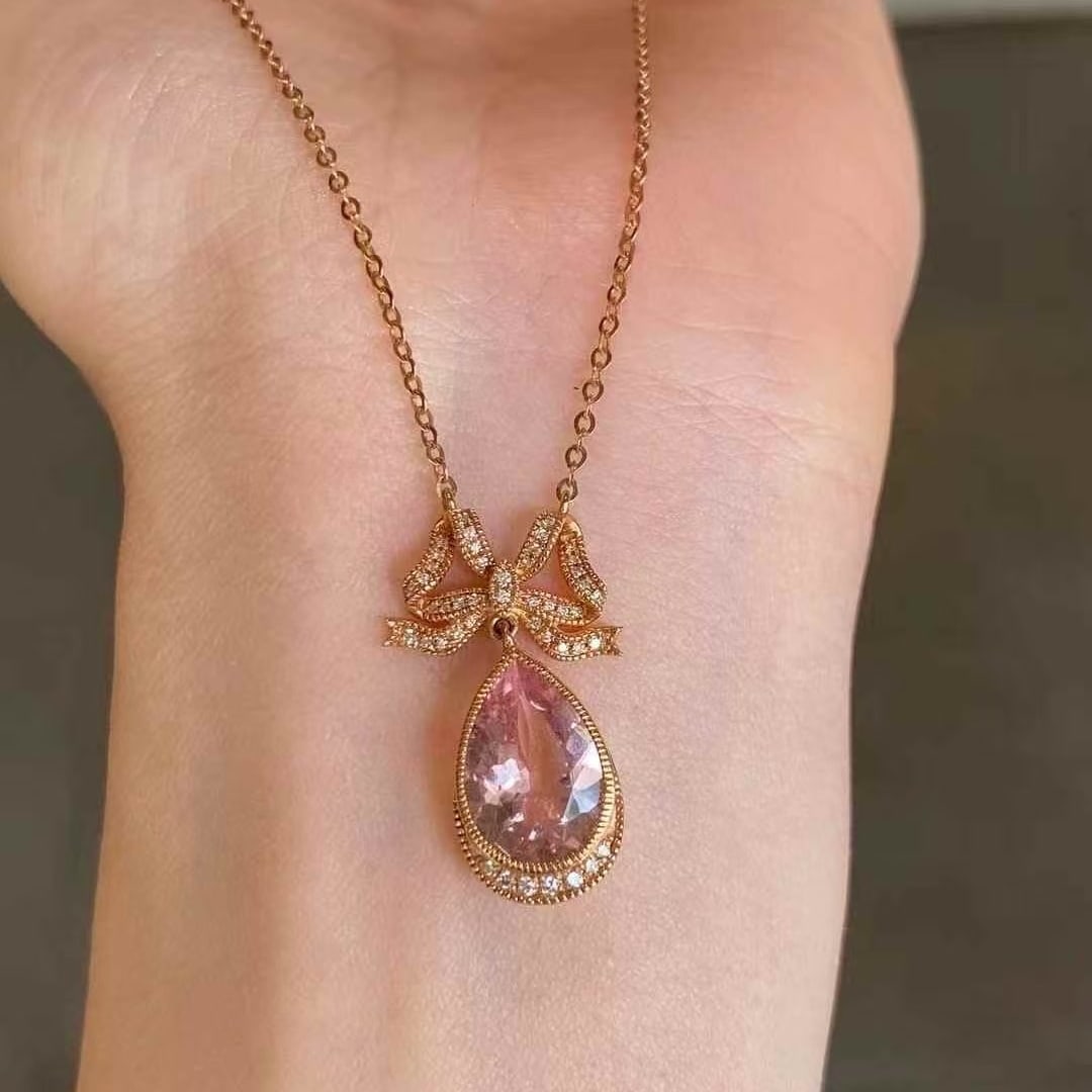 14k Gold 2.49 Ctw Natural Morganite & Diamond Necklace - 2