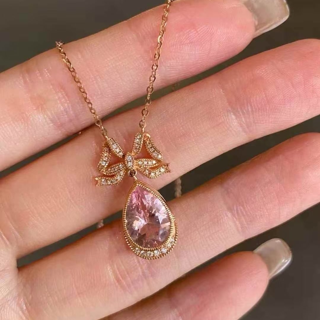 14k Gold 2.49 Ctw Natural Morganite & Diamond Necklace - 3