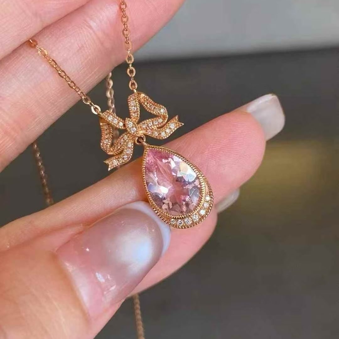 14k Gold 2.49 Ctw Natural Morganite & Diamond Necklace - 4