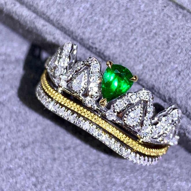 14k Gold 0.58 Ctw Vivid Green Natural Emerald & Diamond Ring - 6