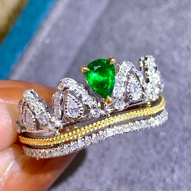 14k Gold 0.58 Ctw Vivid Green Natural Emerald & Diamond Ring - 7