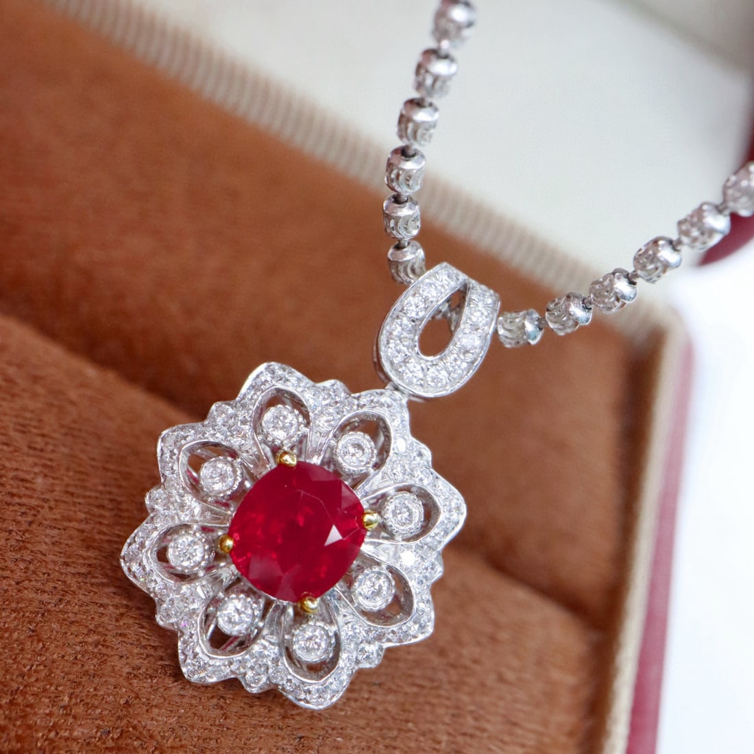 14k Gold 1.34 Ctw Natural Ruby & Diamond Pendant( Without Chain ): Ref:231064036 // gold content:14k gold // main gemstone:ruby // shape:cushion // carat weight:1. 02ct // color:pigeonblood red // treatment:natural // // adjacent gemstone 2 : diamond // shape:round