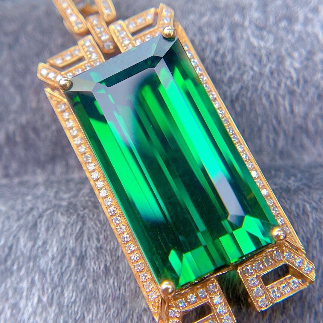14k Gold 16.38 Ct Natural Tourmaline & Diamond Pendant( Without Chain ) - 2