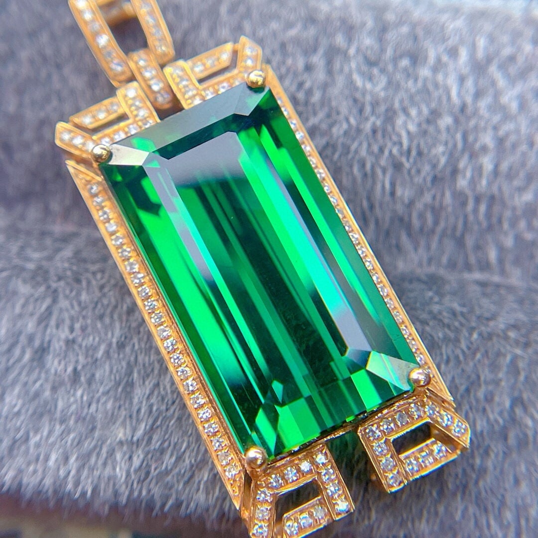 14k Gold 16.38 Ct Natural Tourmaline & Diamond Pendant( Without Chain ) - 3