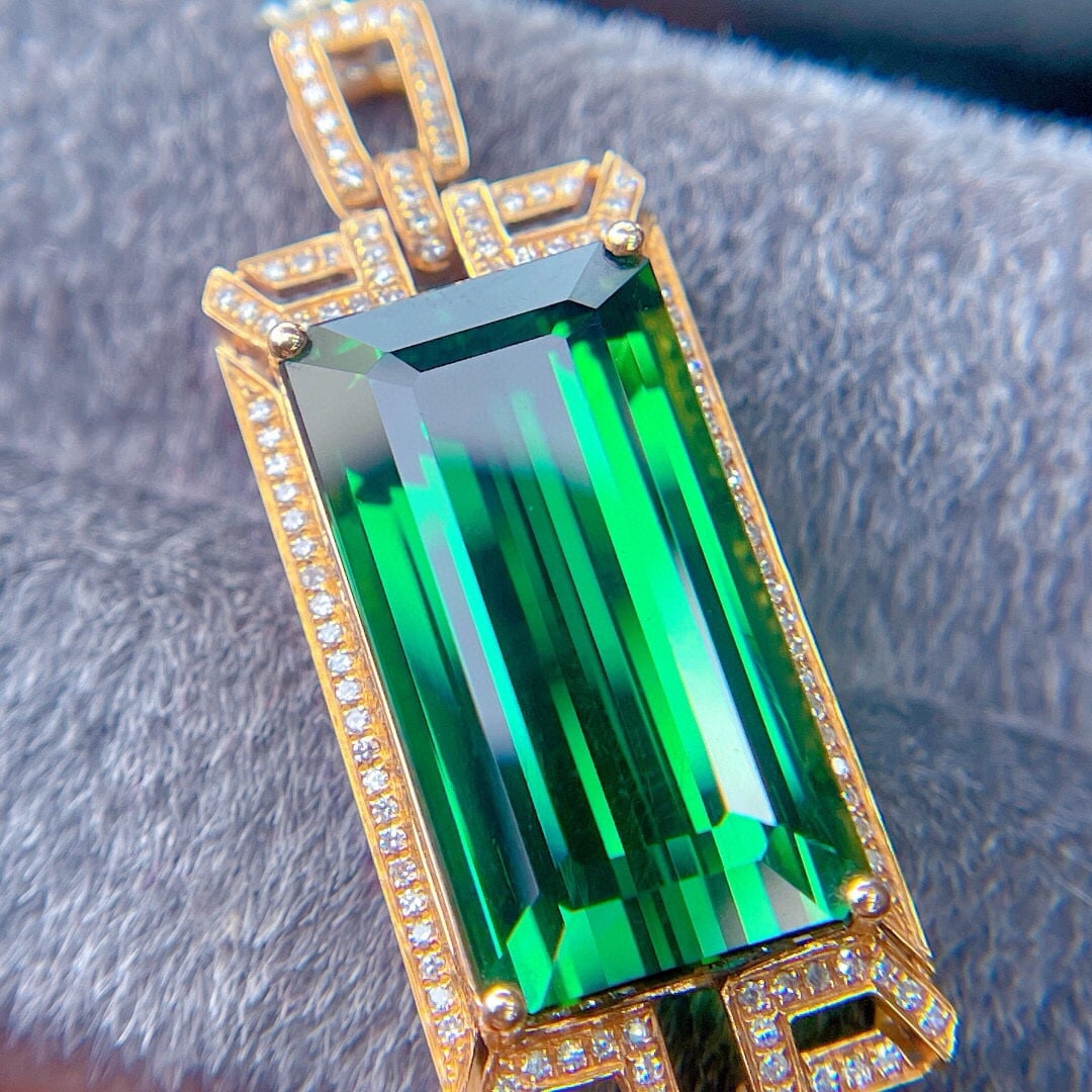14k Gold 16.38 Ct Natural Tourmaline & Diamond Pendant( Without Chain ) - 4