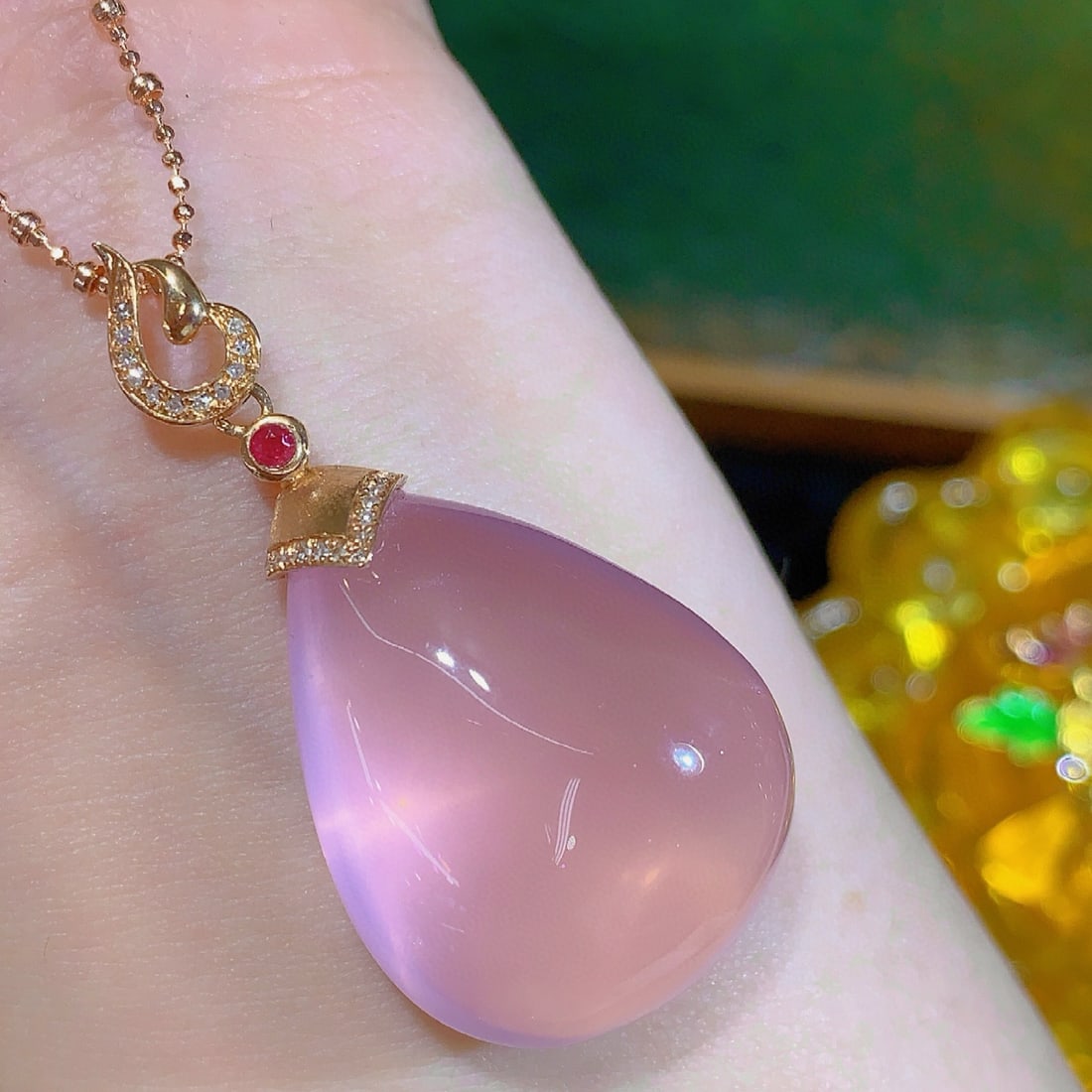 14k Gold 10.45 Ct Natural Rose Quartz & Diamond Pendant( Without Chain ) - 2