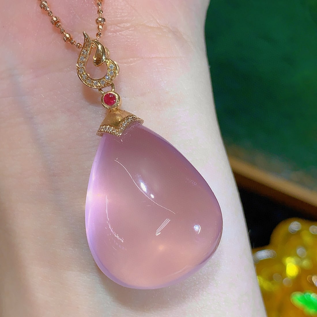 14k Gold 10.45 Ct Natural Rose Quartz & Diamond Pendant( Without Chain ) - 4
