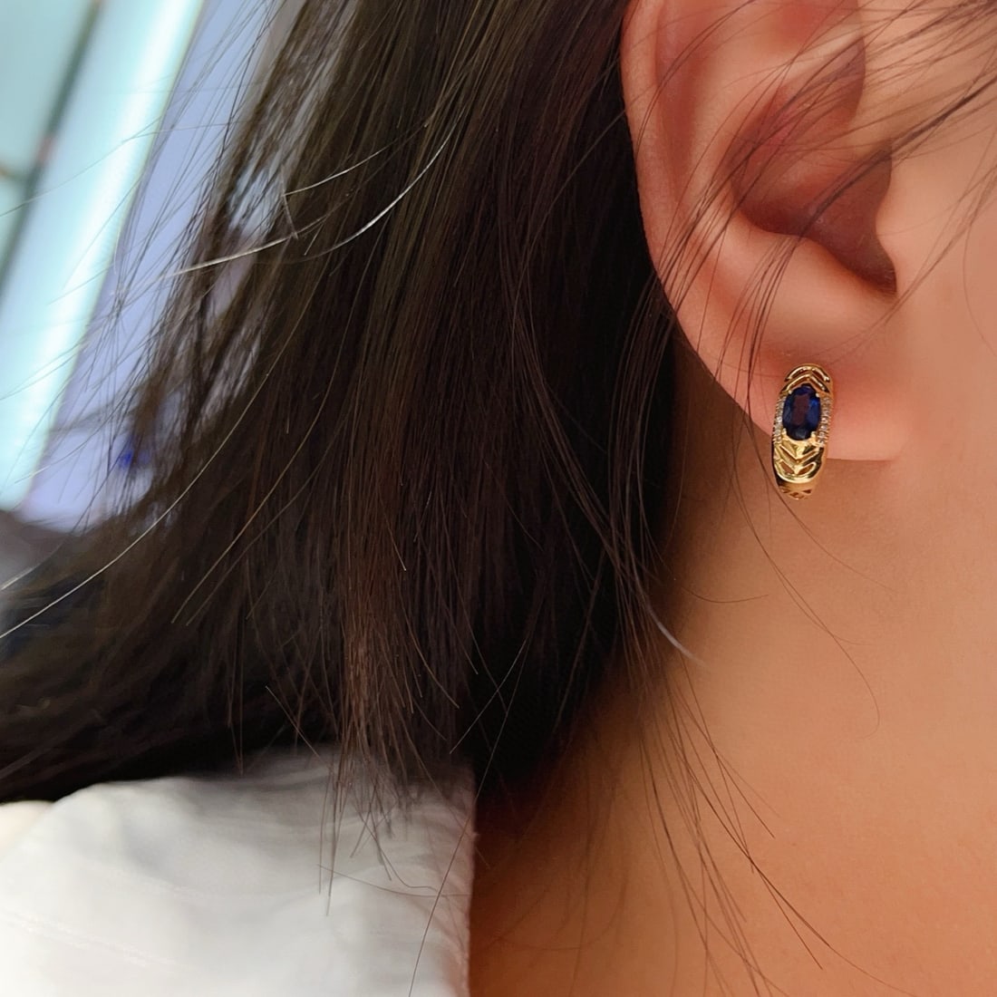 14k Gold 0.88 Ct Natural Sapphire & Diamond Earrings - 5