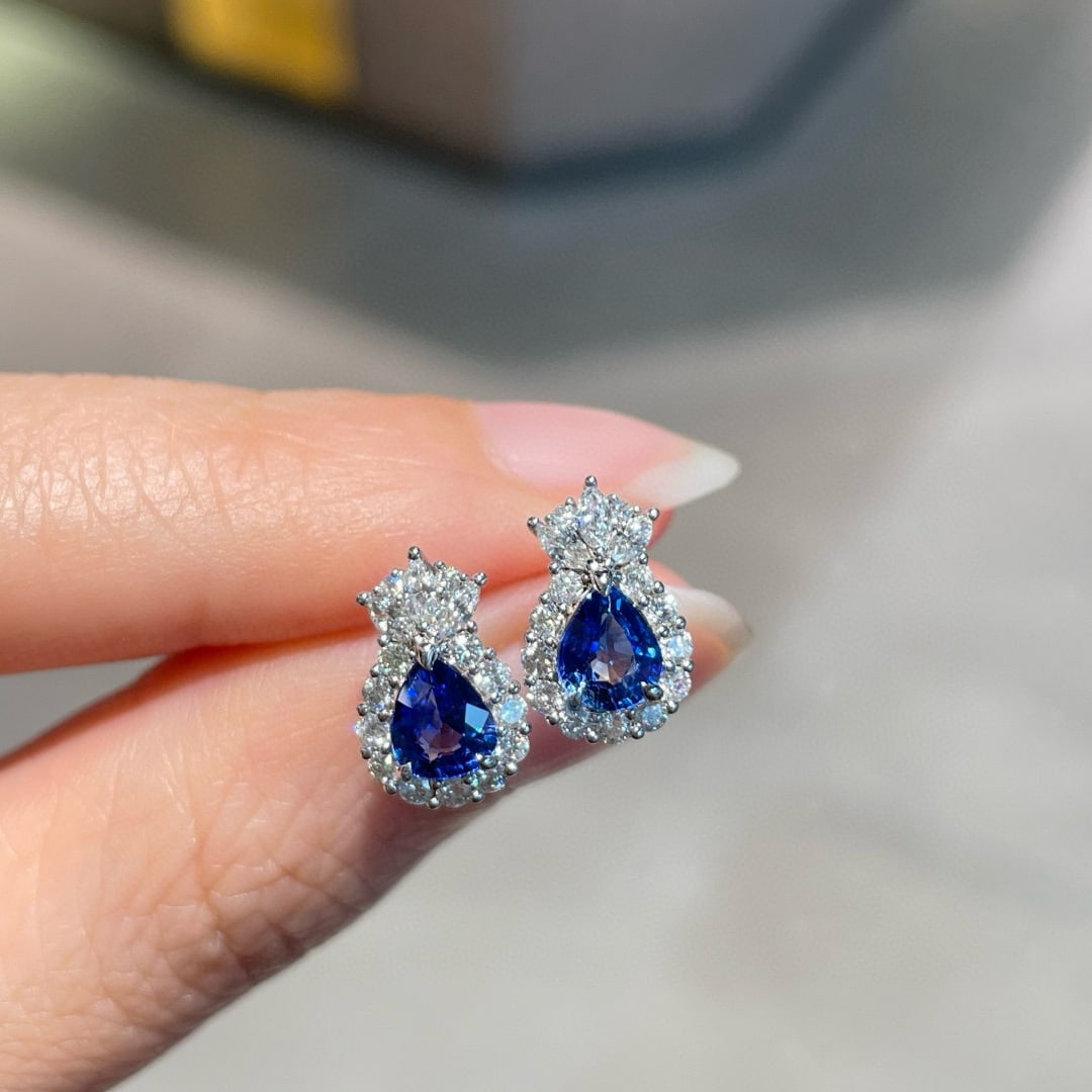 14k Gold 1.1 Ct Natural Sapphire & Diamond Earrings - 4