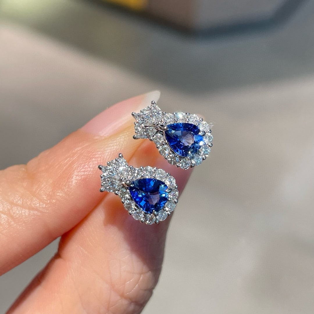 14k Gold 1.1 Ct Natural Sapphire & Diamond Earrings - 5