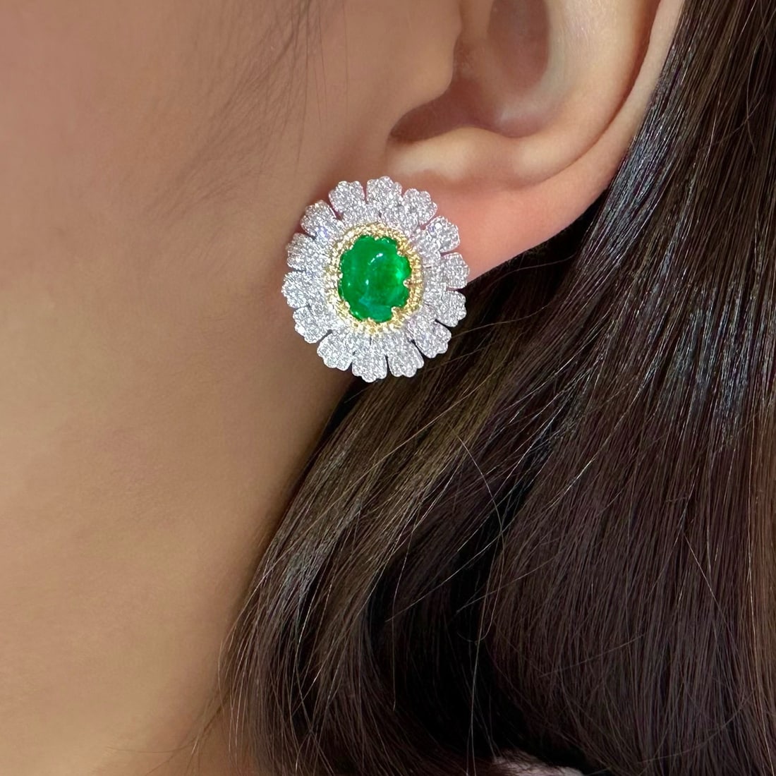 14k Gold 5.90 Ctw Vivid Green Natural Emerald & Diamond Earrings - 4