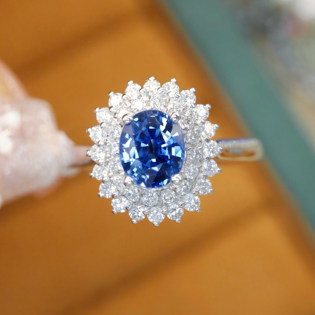 14k Gold 1.37 Ctw Natural Sapphire & Diamond Ring: Ref:231064124 // gold content:14k gold // ring size:7. 25us // // main gemstone:sapphire // shape:oval // carat weight:1. 00ct // color:cornflower blue // treatment:natural // // adjacent gemstone 2
