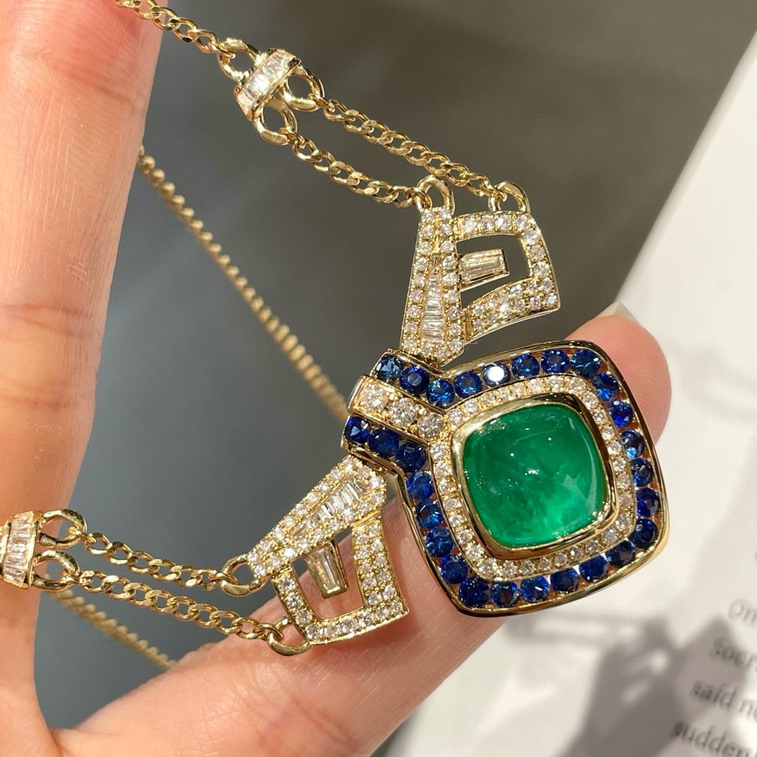 14k Gold 4.08 Ct Vivid Green Natural Emerald & Sapphire & Diamond Necklace - 5