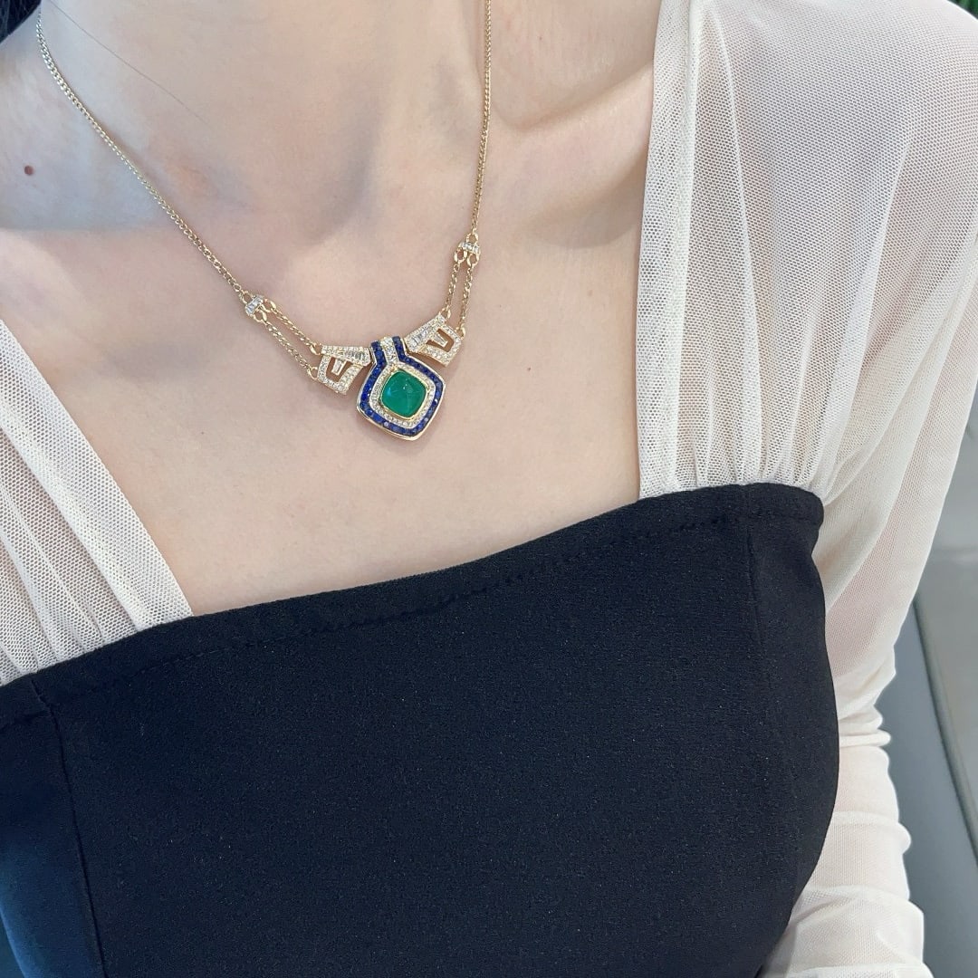 14k Gold 4.08 Ct Vivid Green Natural Emerald & Sapphire & Diamond Necklace - 7