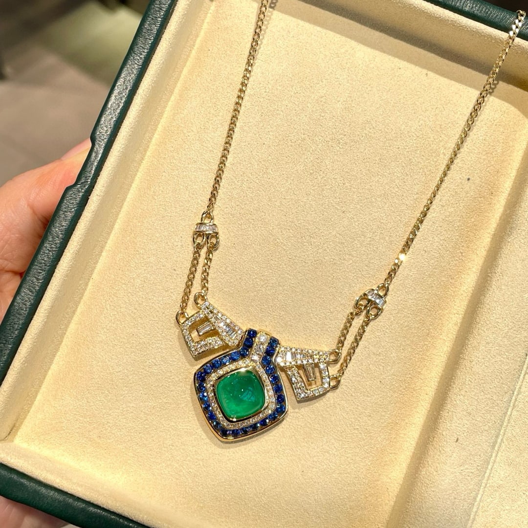 14k Gold 4.08 Ct Vivid Green Natural Emerald & Sapphire & Diamond Necklace - 8
