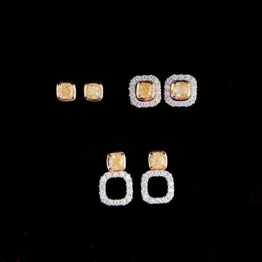 14k Gold 0.5 Ct Natural Yellow Diamond & Diamond Earrings - 2