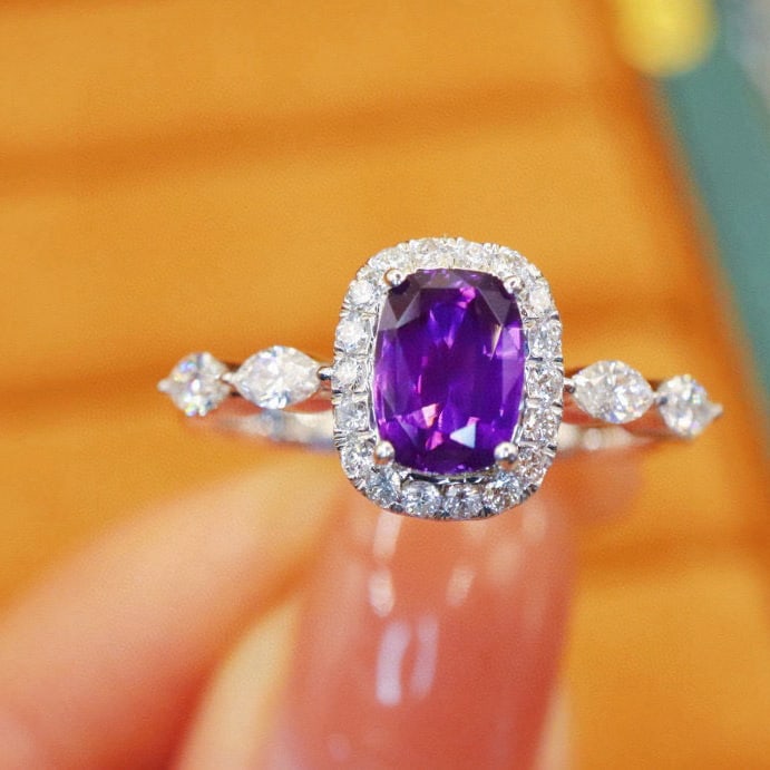 14k Gold 2.13 Ctw Natural Sapphire & Diamond Ring: Ref:231064201 // gold content:14k gold // ring size:7. 25us // // main gemstone:sapphire // shape:cushion // carat weight:1. 70ct // color:purple // treatment:natural // // adjacent gemstone 2 :