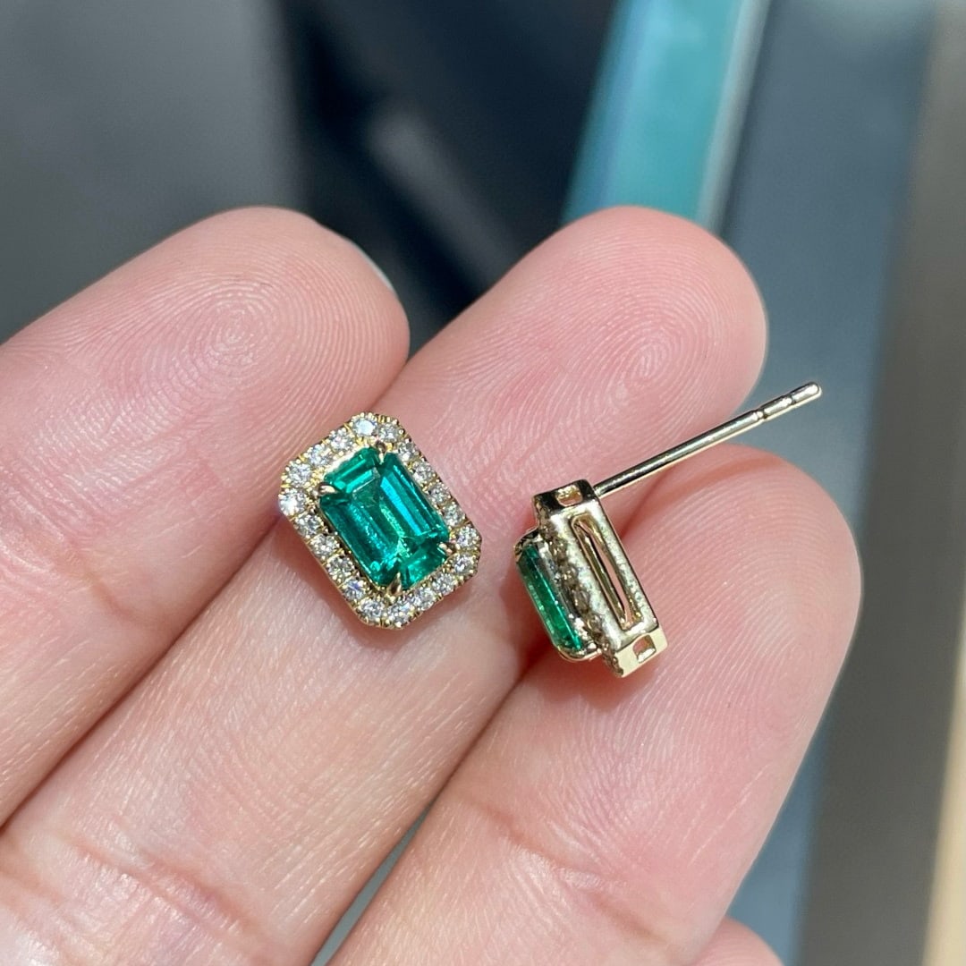14k Gold 1.2 Ct Natural Emerald & Diamond Earrings - 2