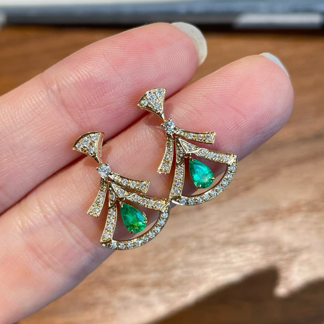 14k Gold 0.36 Ct Natural Emerald & Diamond Earrings - 5