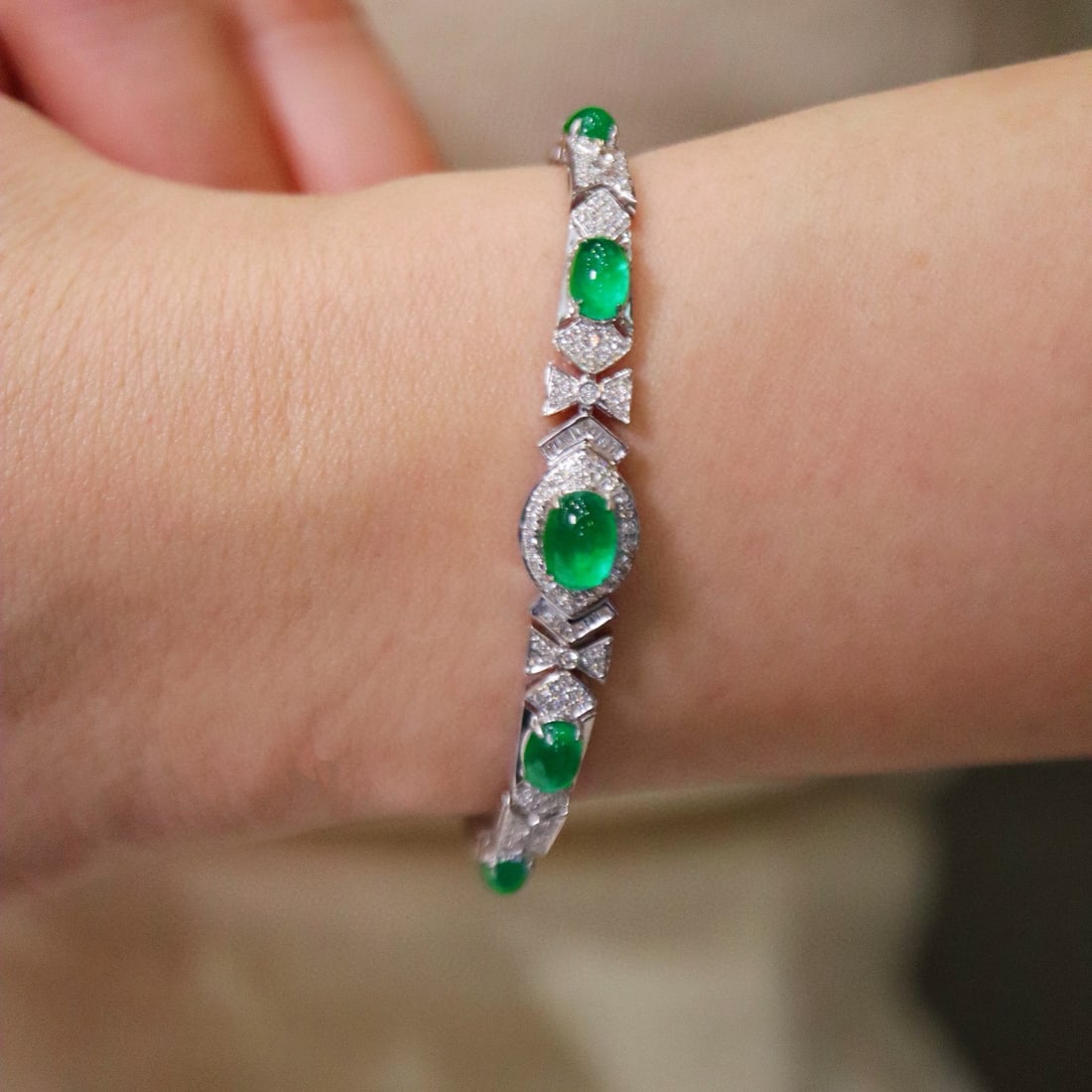 14k Gold 3.71 Ctw Vivid Green Natural Emerald & Diamond Bracelet - 5