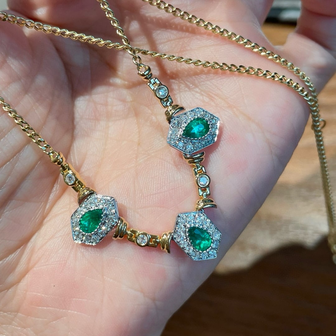 14k Gold 0.73 Ct Natural Emerald & Diamond Necklace - 2