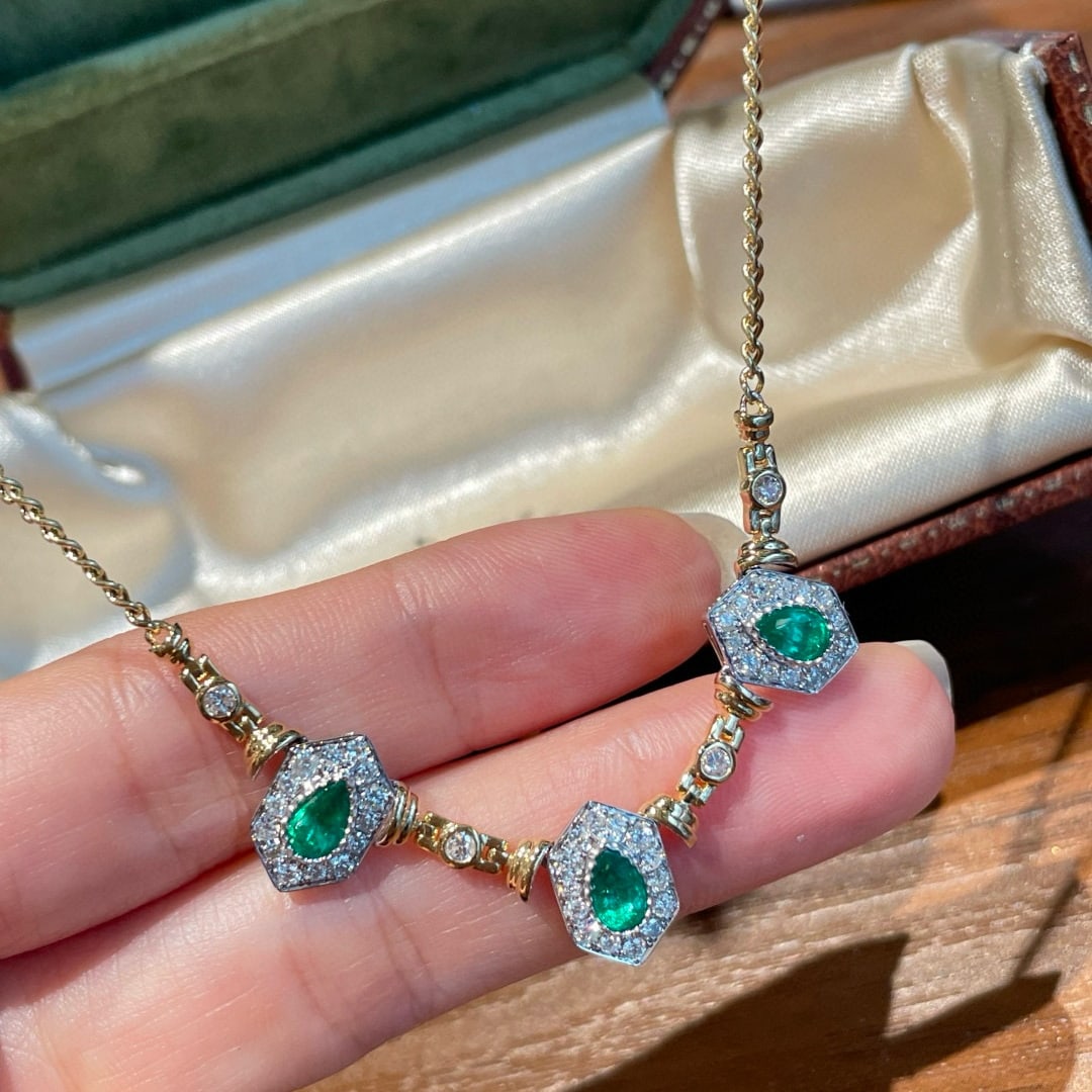 14k Gold 0.73 Ct Natural Emerald & Diamond Necklace - 6