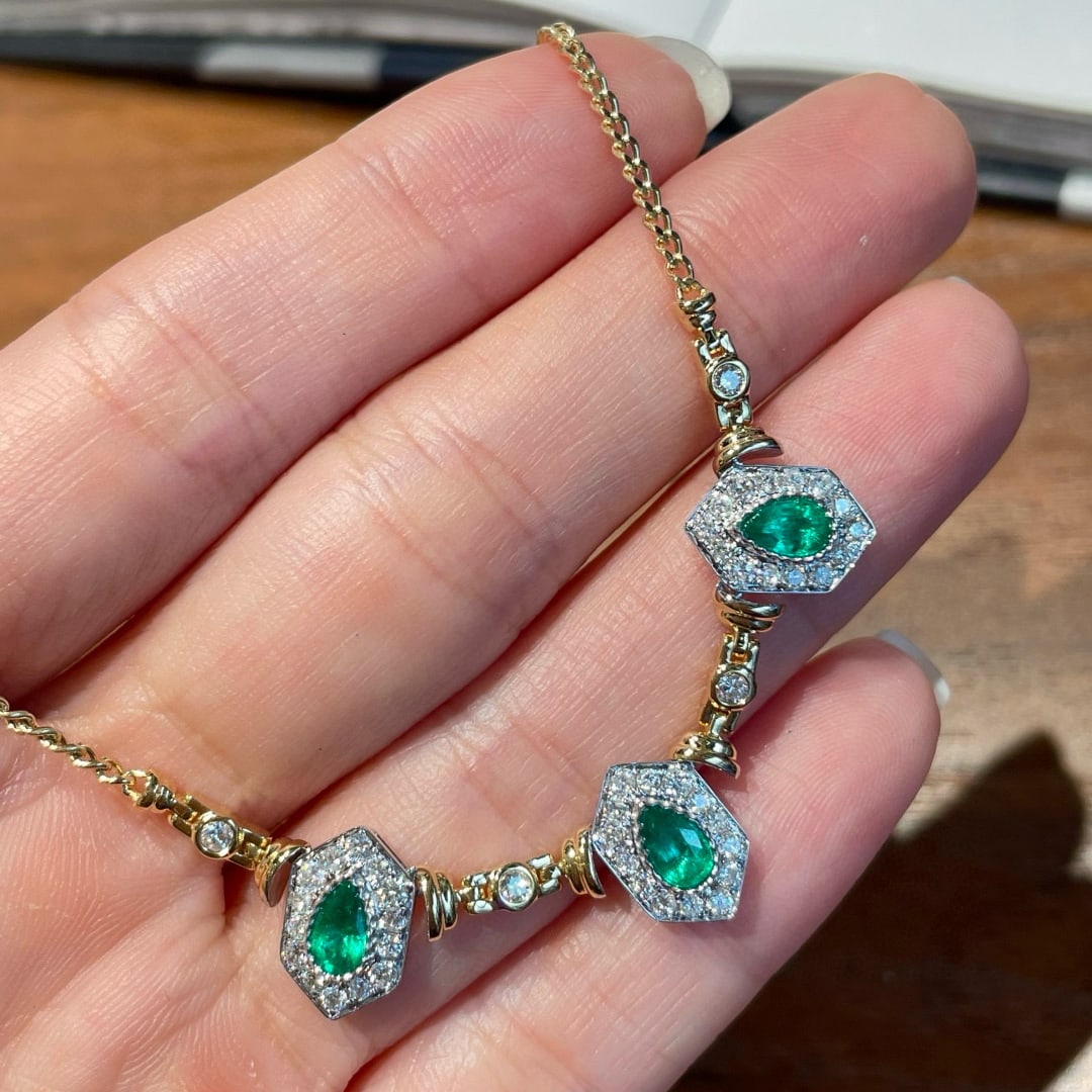 14k Gold 0.73 Ct Natural Emerald & Diamond Necklace - 7