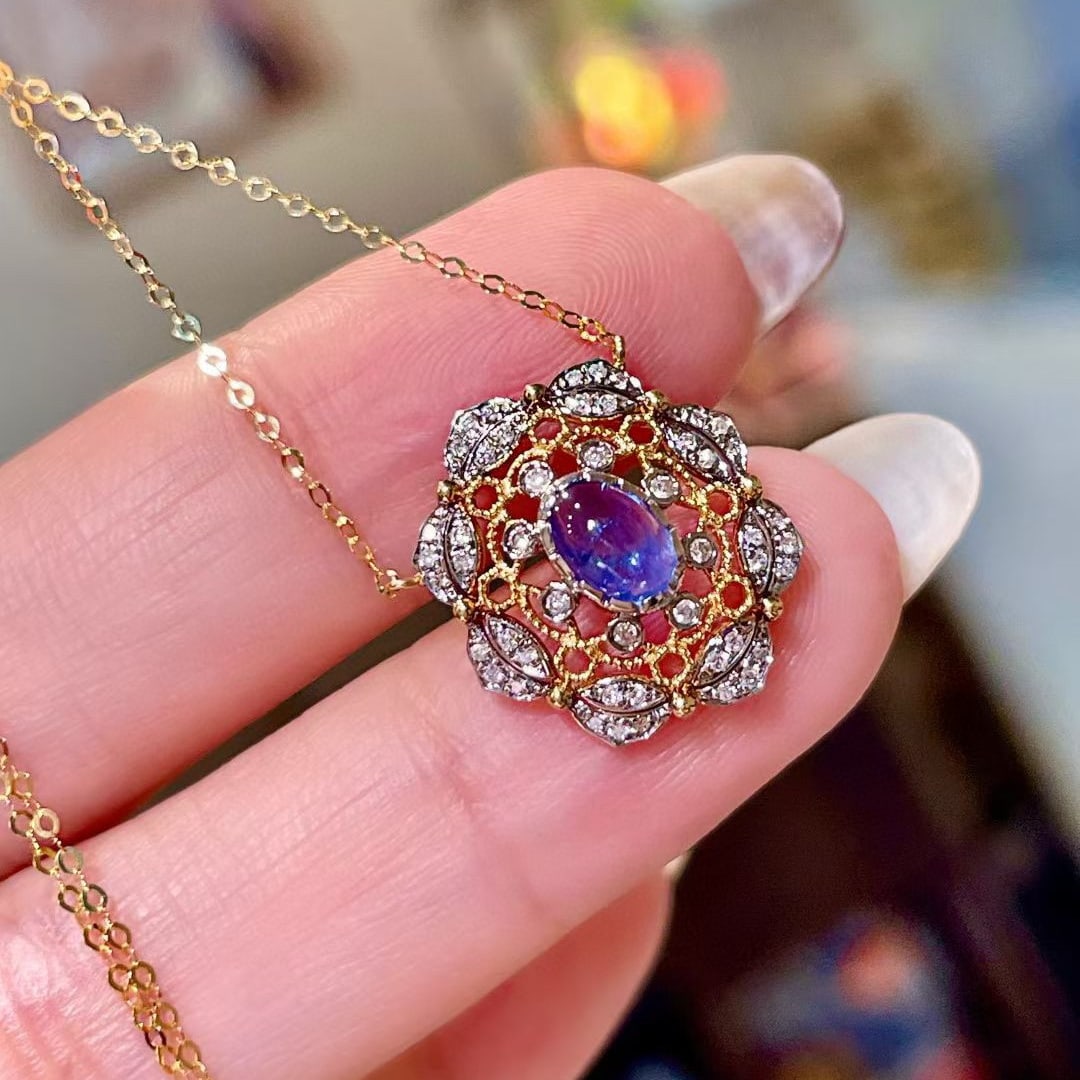 14k Gold 0.80 Ctw Natural Sapphire & Diamond Necklace - 2