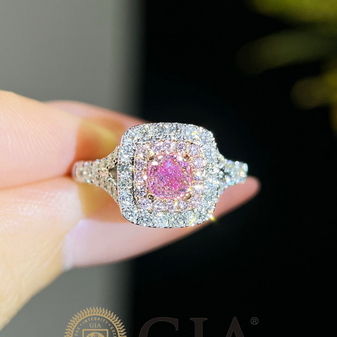 Gia Certified 14k Gold 1.19 Ctw Natural Pink Diamond & Diamond Ring: Ref:231064303 // gold content:14k gold // ring size:7. 25us // // main gemstone:pink diamond // certified:gia // shape:cushion // carat weight:0. 51ct // clarity grade:i1 // color:pink //