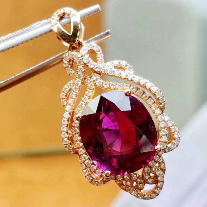 14k Gold 8.5 Ct Natural Tourmaline & Diamond Pendant( Without Chain ) - 6