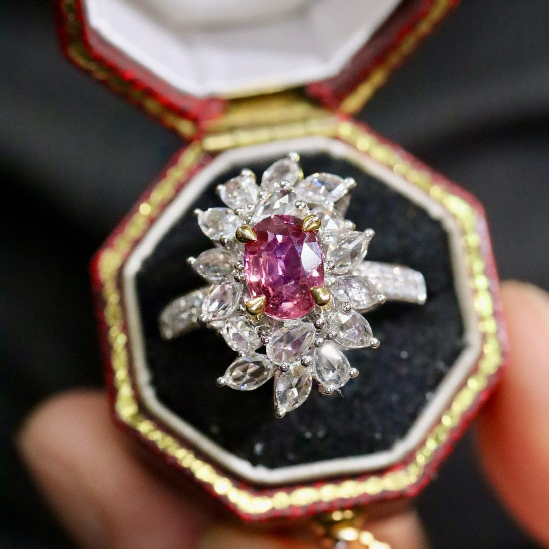 14k Gold 2.10 Ctw Natural Padparadscha Sapphire & Diamond Ring: Ref:231064307 // gold content:14k gold // ring size:7. 25us // // main gemstone:padparadscha sapphire // shape:oval // carat weight:1. 09ct // color:orangish pink // treatment:natural // // adjacent