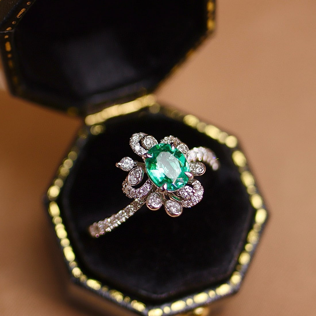 14k Gold 0.82 Ctw Natural Emerald & Diamond Ring: Ref:231064308 // gold content:14k gold // ring size:7. 25us // // main gemstone:emerald // shape:oval // carat weight:0. 56ct // color:green // treatment:natural // // adjacent gemstone 2 : diamond