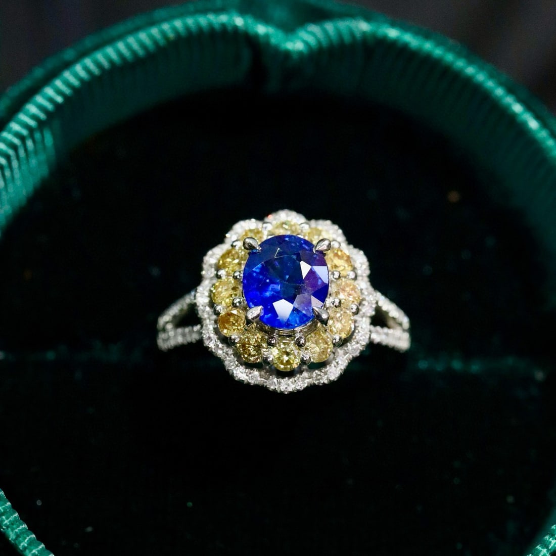 14k Gold 2.08 Ctw Natural Sapphire & Diamond Ring: Ref:231064348 // gold content:14k gold // ring size:7. 25us // // main gemstone:sapphire // shape:oval // carat weight:1. 30ct // color:royal blue // treatment:natural // // adjacent gemstone 2 :